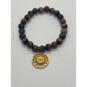 Tigers Eye Stretch Bracelet Gold Tone Sun Pendant Face Sitting at 6.50"